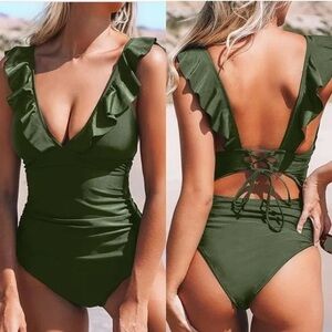 NWT Cupshe Olive Green Ruffle One Piece Swimsuit